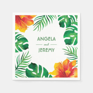Serviette En Papier Hibiscus orange et Feuilles tropicaux Mariage 2