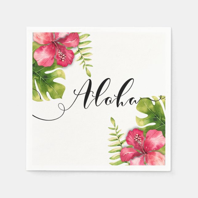 Serviette En Papier Hibiscus Tropical Blanc Feuille Chic Mariage Aloha (Devant)