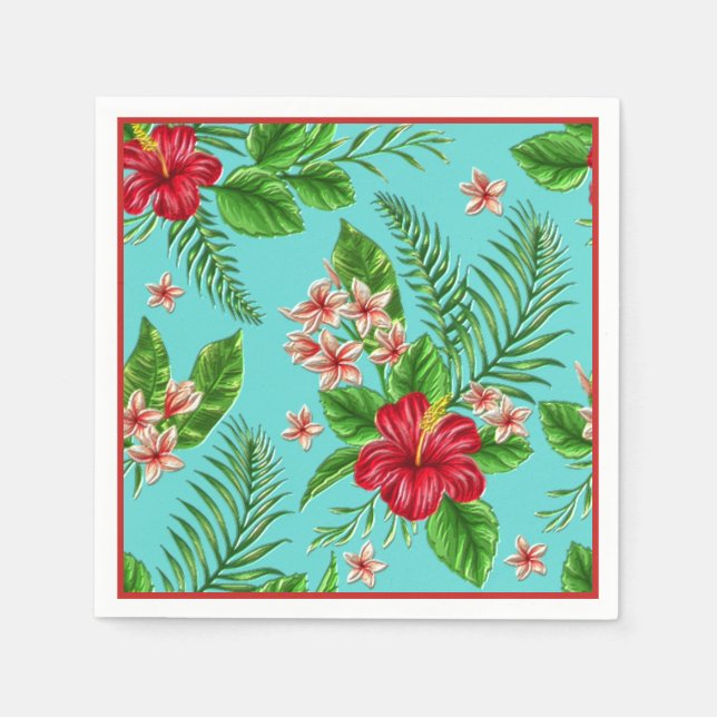 Serviette En Papier Hibiscus Tropical Rose Cute Fleur Sur Turquoise (Devant)
