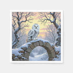 Serviette En Papier Hibou des neiges sur une arche de pierre