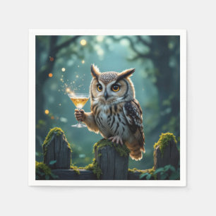 Serviette En Papier Hibou tenant un cocktail dans une forêt mystique