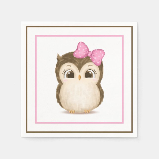 Serviette En Papier Hibou Woodland Aquarelle rose mignonne (Devant)
