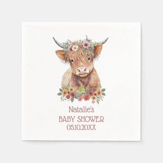 Serviette En Papier Highland Cow aquarelle Baby shower Design mignon (Devant)