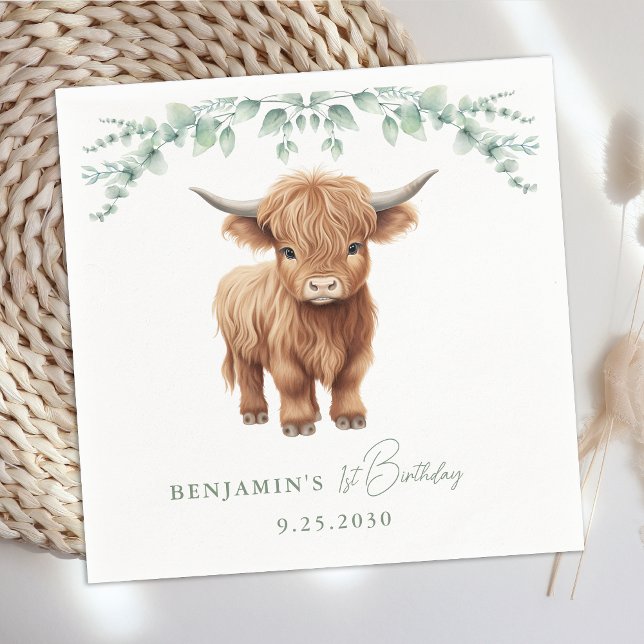 Serviette En Papier Highland Cow Boho Green Farm Animal Anniversaire (Créateur téléchargé)