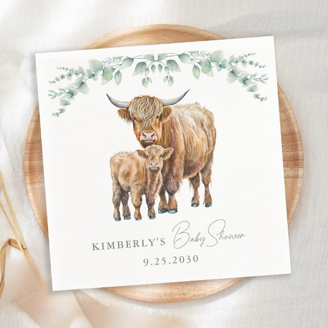 Serviette En Papier Highland Cow Greenery Boho Farm Baby shower animal (Créateur téléchargé)