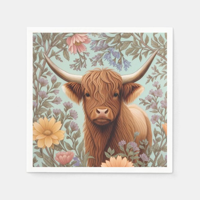 Serviette En Papier Highland Cow Pastel William Morris Inspired Floral (Devant)