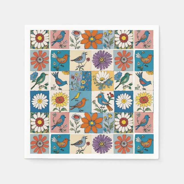 Serviette En Papier Hippie Folk Art Patchwork Floral Avec Oiseaux (Devant)