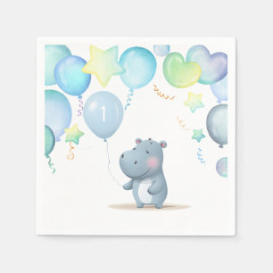 Serviette En Papier Hippo Anniversaire bleu doux