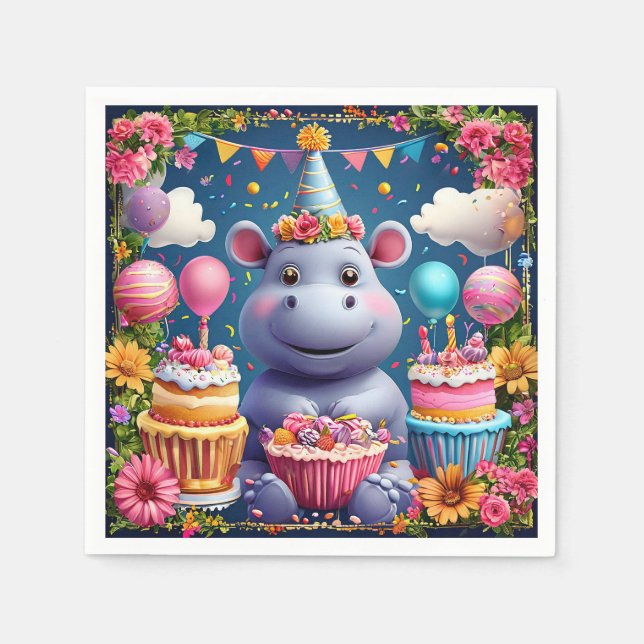 Serviette En Papier Hippo d'anniversaire avec gâteau et ballons (Devant)