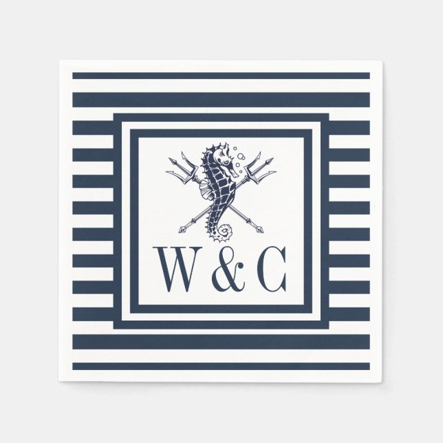 Serviette En Papier Hippocampe de monogramme nautique rayure bleu mari (Devant)