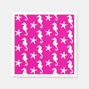 Serviette En Papier Hippocampe et étoiles de mer - blanc sur le rose