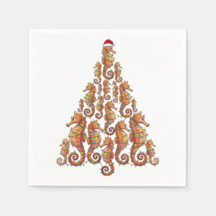 Serviette En Papier Hippocampe Festif Portant un Chapeau de Père Noël