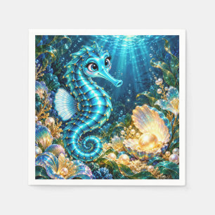 Serviette En Papier Hippocampe Turquoise Magique & Perle Dorée Sous-Ma