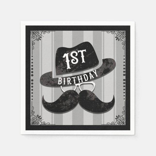 Serviette En Papier Hipster M. Mustache Casquette lunettes 1er anniver (Devant)