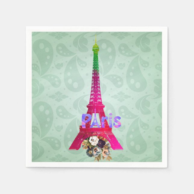 Serviette En Papier Hipster Paisley Neon Français Paris Tour Eiffel (Devant)