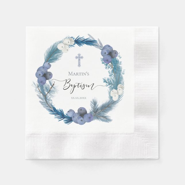 Serviette En Papier hiver Baptême bleu couronne papier (Devant)