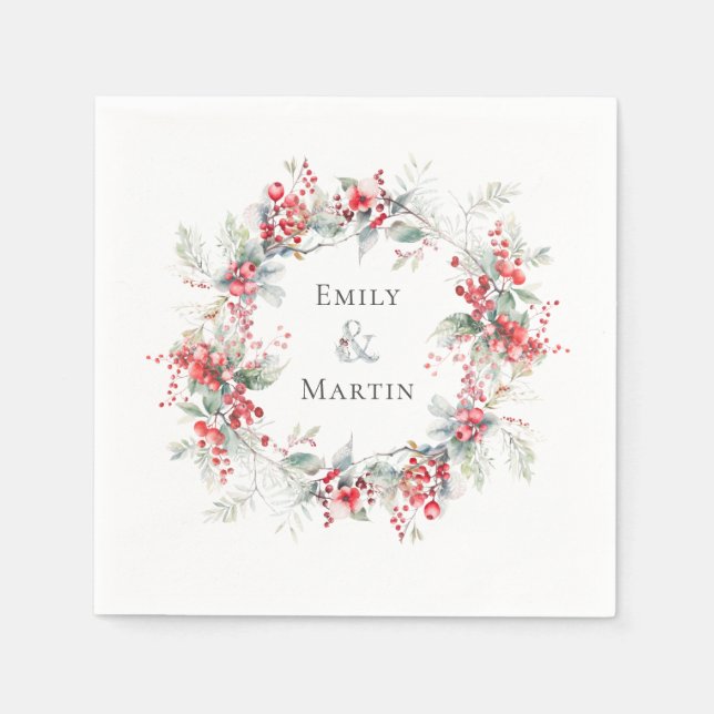 Serviette En Papier Hiver Berries rouges Poinsettias Mariage de couron (Devant)