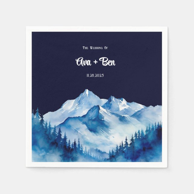 Serviette En Papier Hiver Bleu Blanc Snowy Mountains Mariage (Devant)