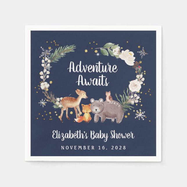 Serviette En Papier Hiver Bois Animaux Baby shower bleu (Devant)