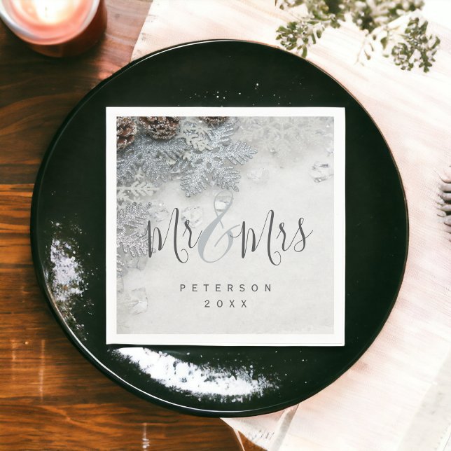 Serviette En Papier Hiver merveilleux argent neige photo Mr & Mrs. (Winter wonderland silver snow photo Mr & Mrs Napkins)