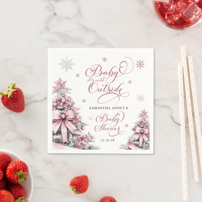 Serviette En Papier Hiver Noël Arbres Snowflakes Baby shower rose (En situation)