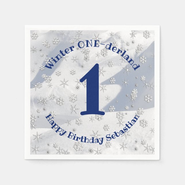 Serviette En Papier Hiver ONE derland Blue Premier Anniversaire Snowfl (Devant)