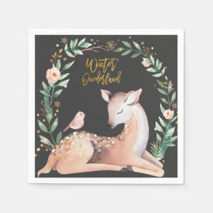 Serviette En Papier Hiver ONE derland Gold Deer Green Woodland