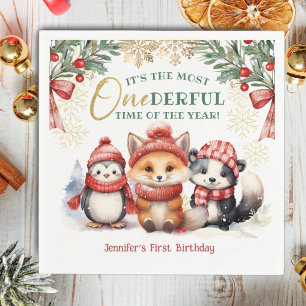 Serviette En Papier Hiver Onederland Animaux de Neige Mignons 1er Anni