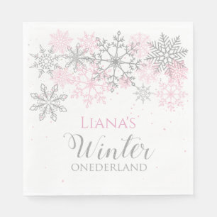 Serviette En Papier Hiver Onederland Argent et Napkin rose