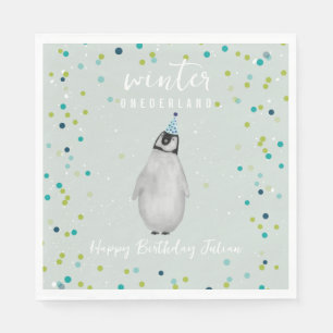 Serviette En Papier Hiver Onederland Blue Anniversaire Penguin Confett