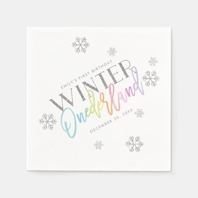 Serviette En Papier Hiver ONEderland Parties scintillant Argent Arc-en (Devant)