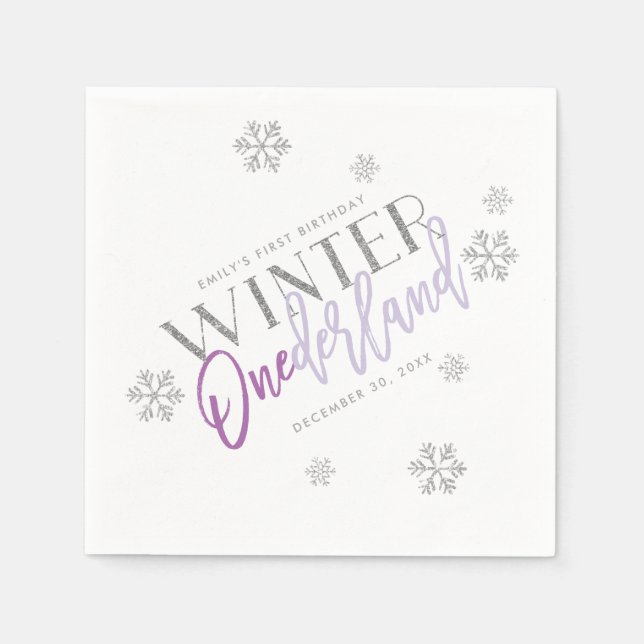 Serviette En Papier Hiver ONEderland Parties scintillant d'argent viol (Devant)