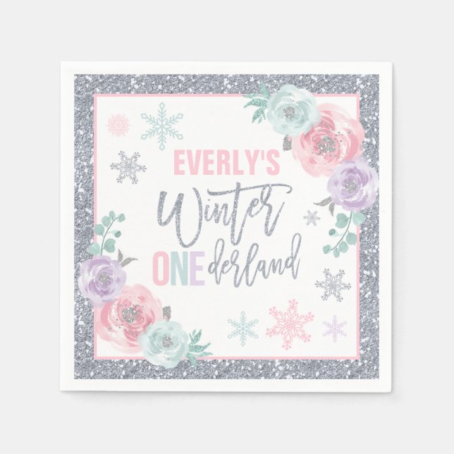 Serviette En Papier Hiver ONEderland Pink and Silver Birthday Party (Devant)