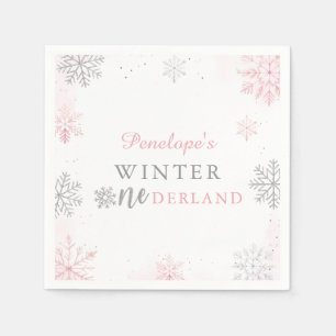 Serviette En Papier Hiver Onederland Pink Silver 1er anniversaire