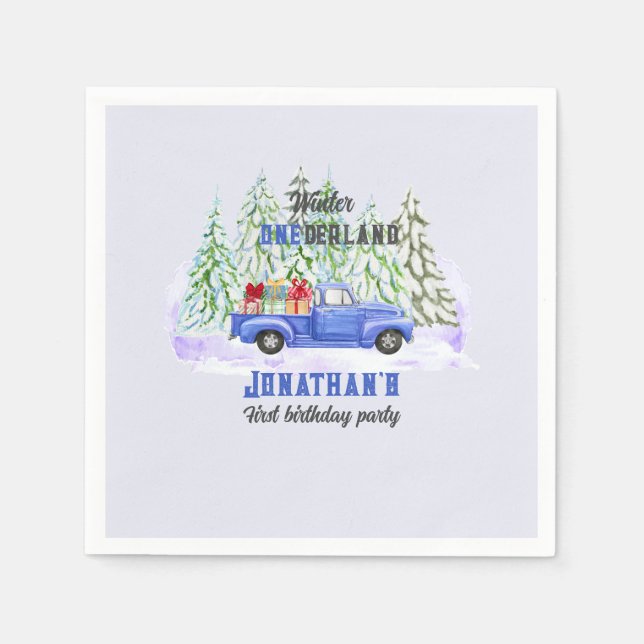 Serviette En Papier Hiver Onederland Premier anniversaire bleu camion  (Devant)