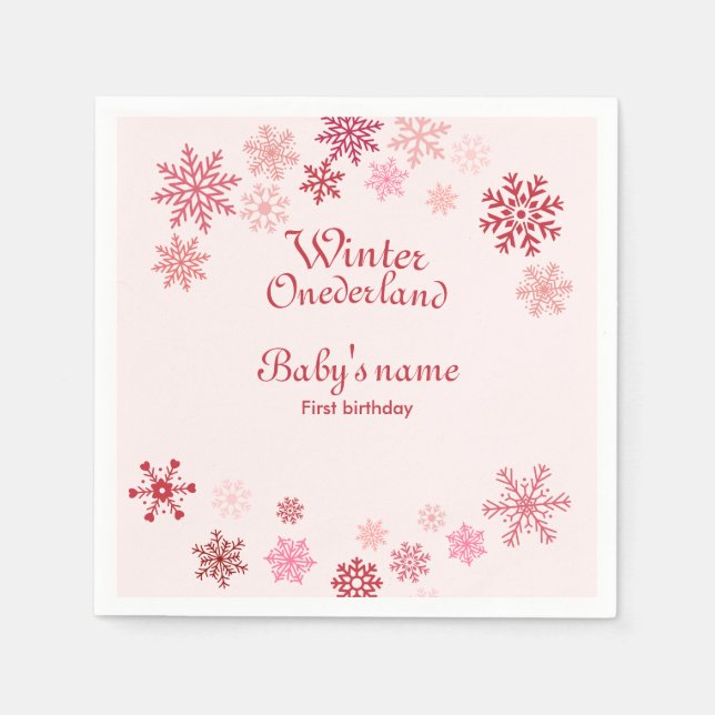 Serviette En Papier Hiver Onederland Premier anniversaire flocon rose (Devant)