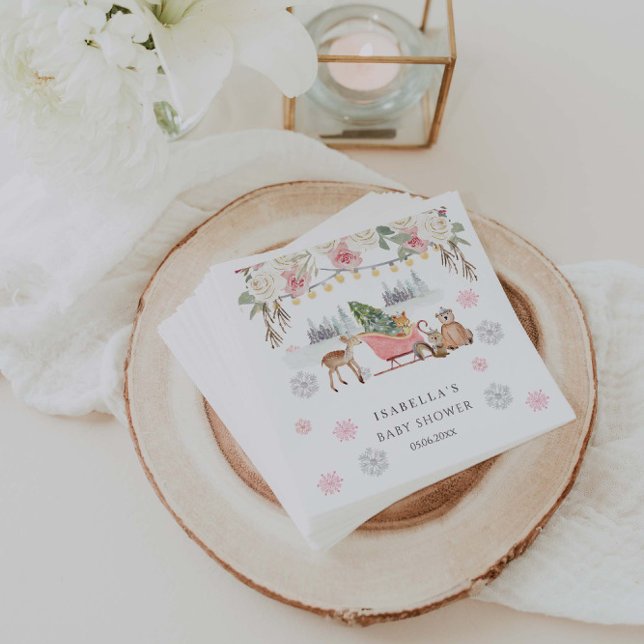 Serviette En Papier Hiver Pink Woodland Animaux Fille Baby shower (Créateur téléchargé)
