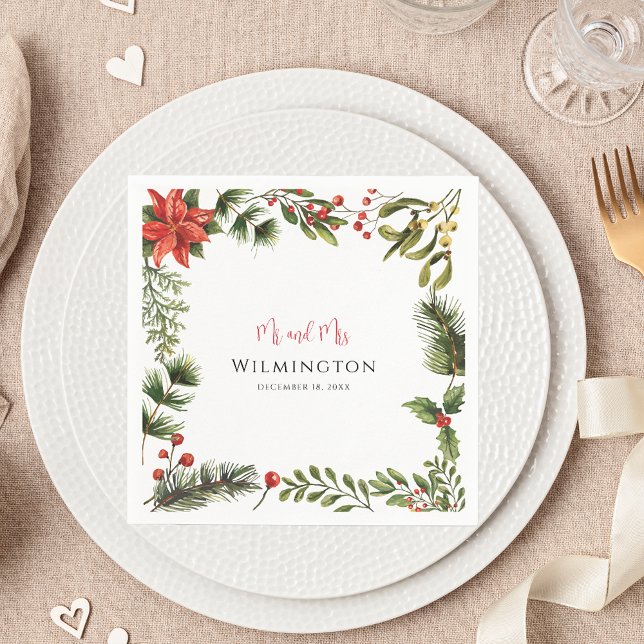 Serviette En Papier Hiver Poinsettia Vert Floral Mariage Papier (Christmas Greenery Red Berries Script Wedding Reception Paper Napkin)