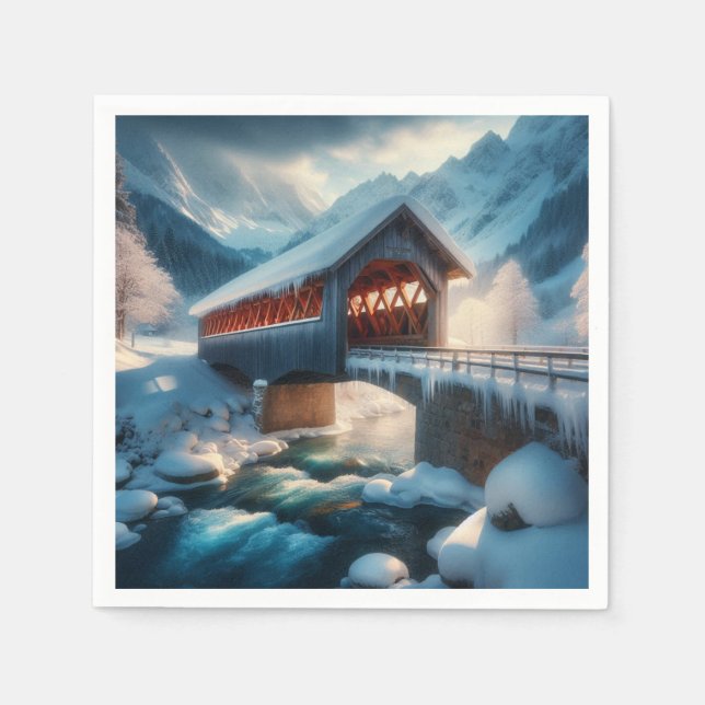 Serviette En Papier Hiver, pont enneigé et rivière (Devant)