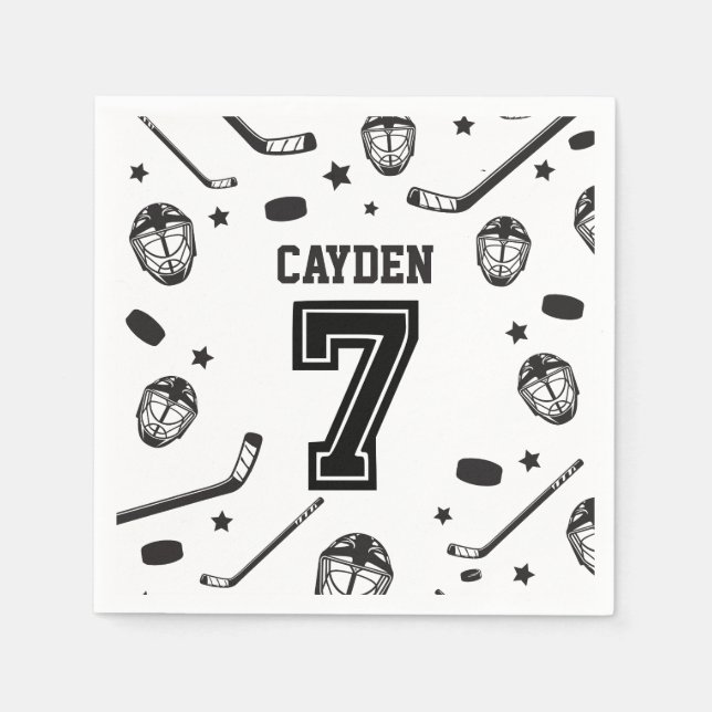 Serviette En Papier Hockey noir et blanc 7e anniversaire (Devant)