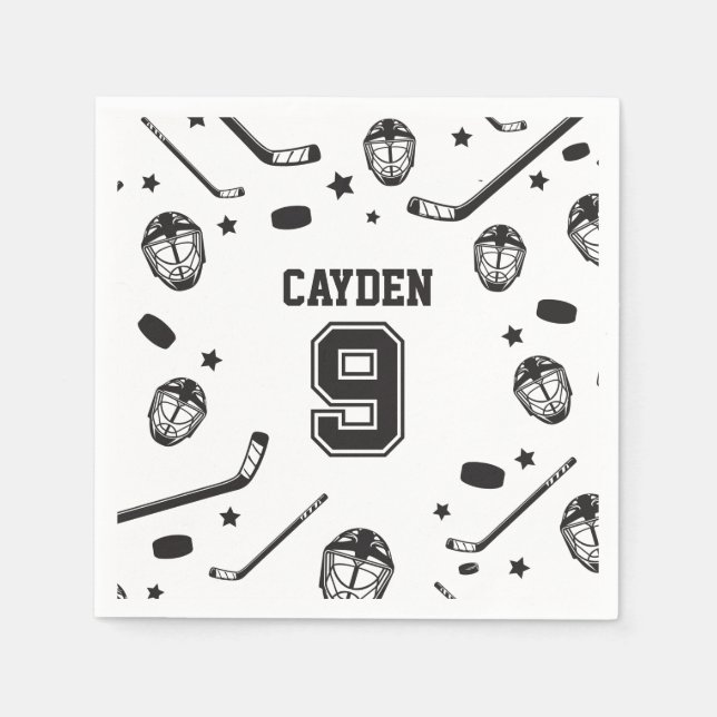 Serviette En Papier Hockey noir et blanc 9e anniversaire (Devant)