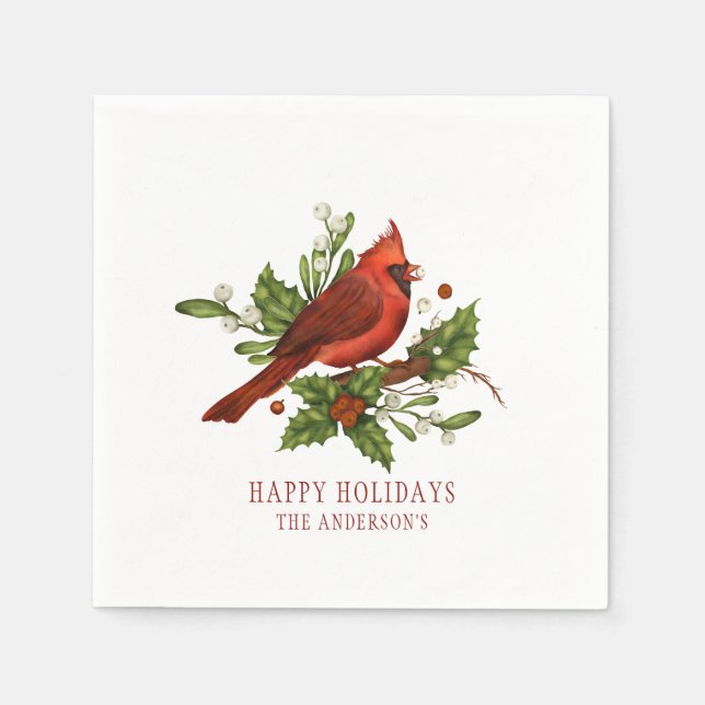 Serviette En Papier Holly Berry Cardinal Holiday Monogram Mistletoe (Devant)