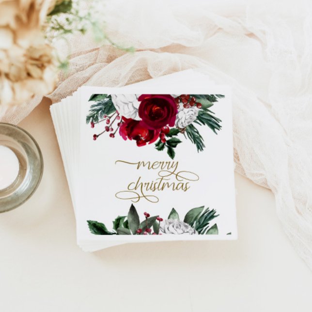 Serviette En Papier HOLLY Bourgogne Gold Floral Joyeux Noël (Créateur téléchargé)