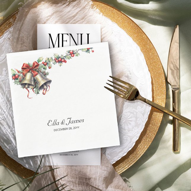 Serviette En Papier Holly et Bells Mariage d'hiver personnalisé (Wedding Napkins from the Holly Bells Wedding Collection by Darling and May)