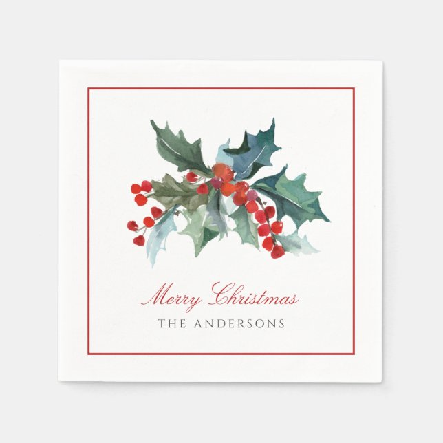 Serviette En Papier Holly et Berries avec le nom de famille Noël (Devant)