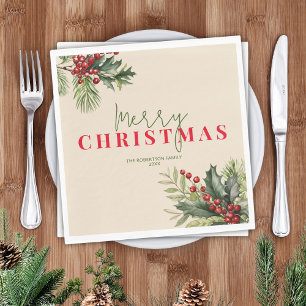 Serviette En Papier Holly et Pin sur Fête de Noël Beige
