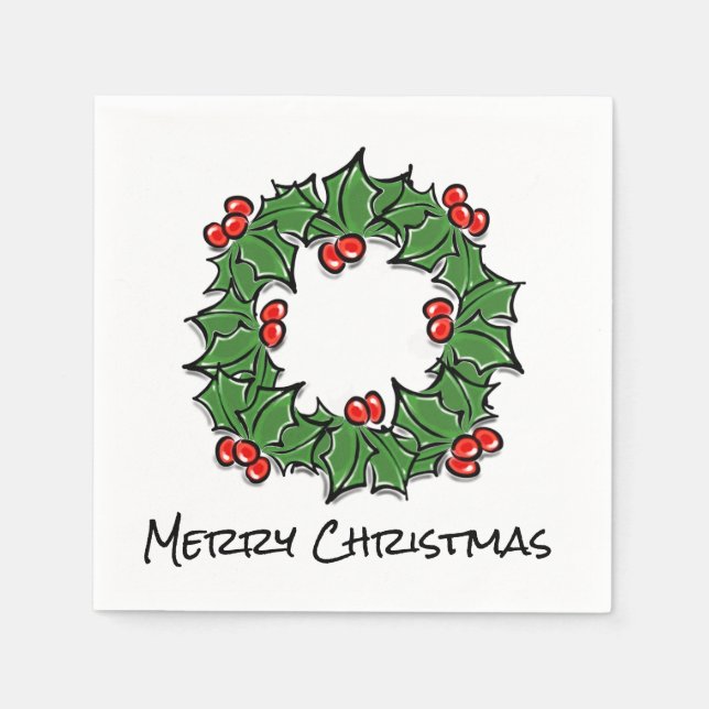 Serviette En Papier Holly Feuilles, Holly Berries, couronne de Noël (Devant)