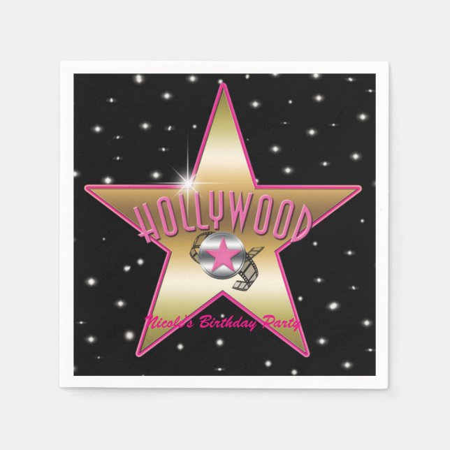 Serviette En Papier Hollywood Pink & Gold Star Black Anniversaire Part (Devant)