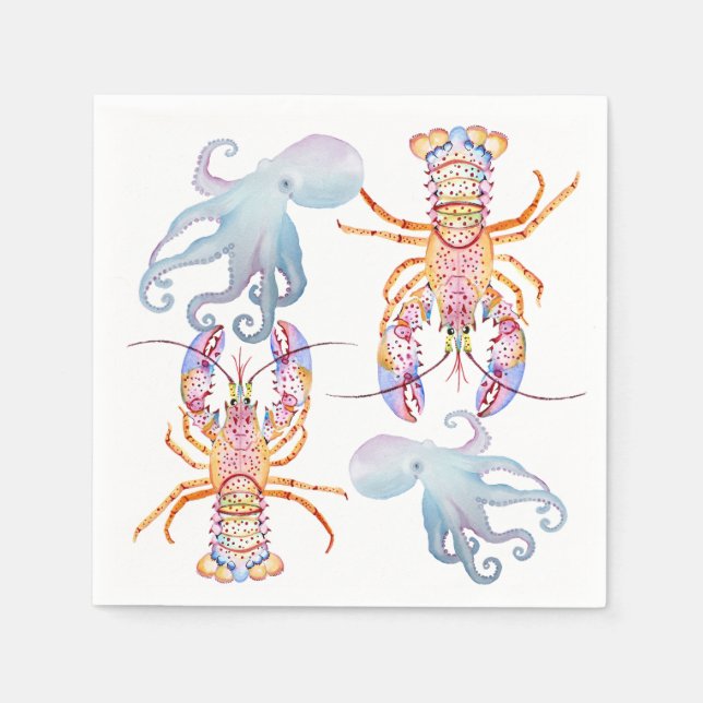 Serviette En Papier Homard rose et bleu (Devant)