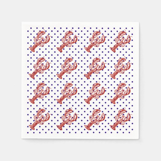 Serviette En Papier Homard rouge marine et points bleus (Devant)